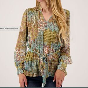 Floral & Ivy Pleated Belted Mixed Print Blouse drape flowy long sleeve Small